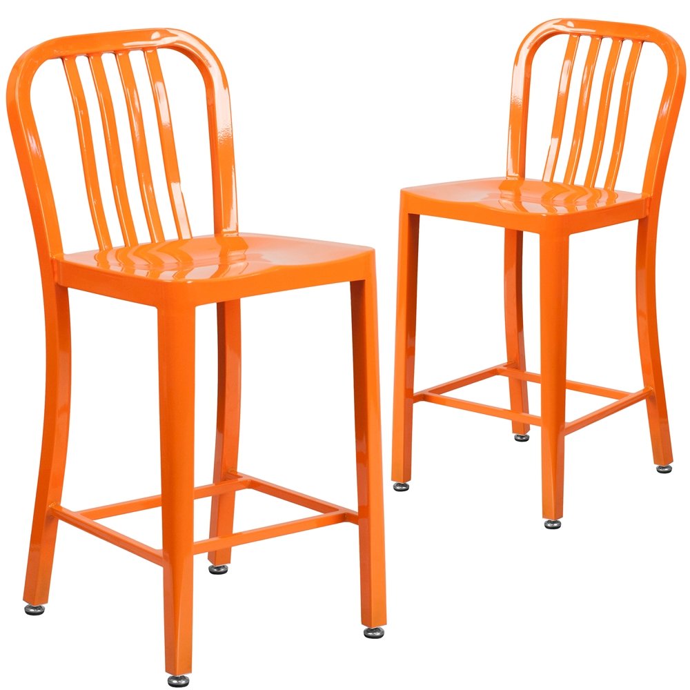 2 Pk. 24” High Orange Metal Indoor-Outdoor Counter Height Stool