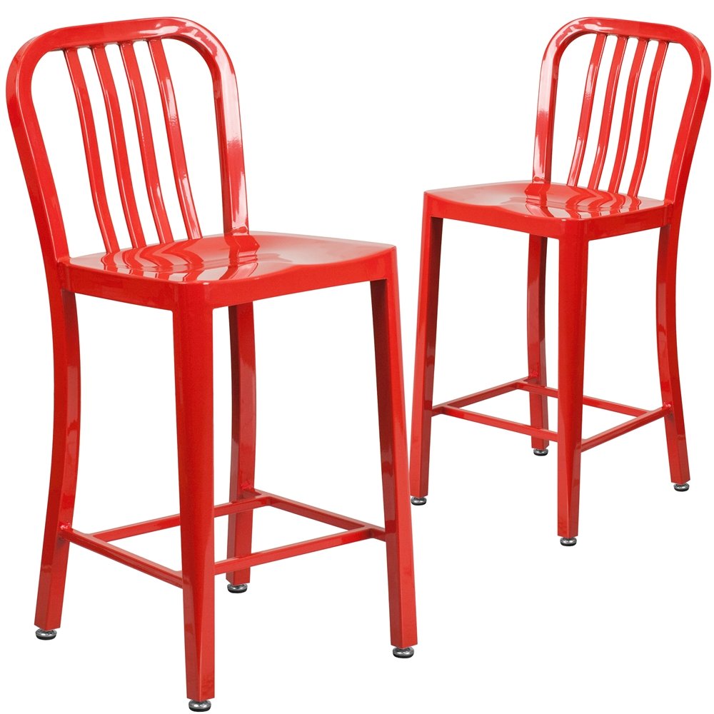 2 Pk. 24” High Red Metal Indoor-Outdoor Counter Height Stool