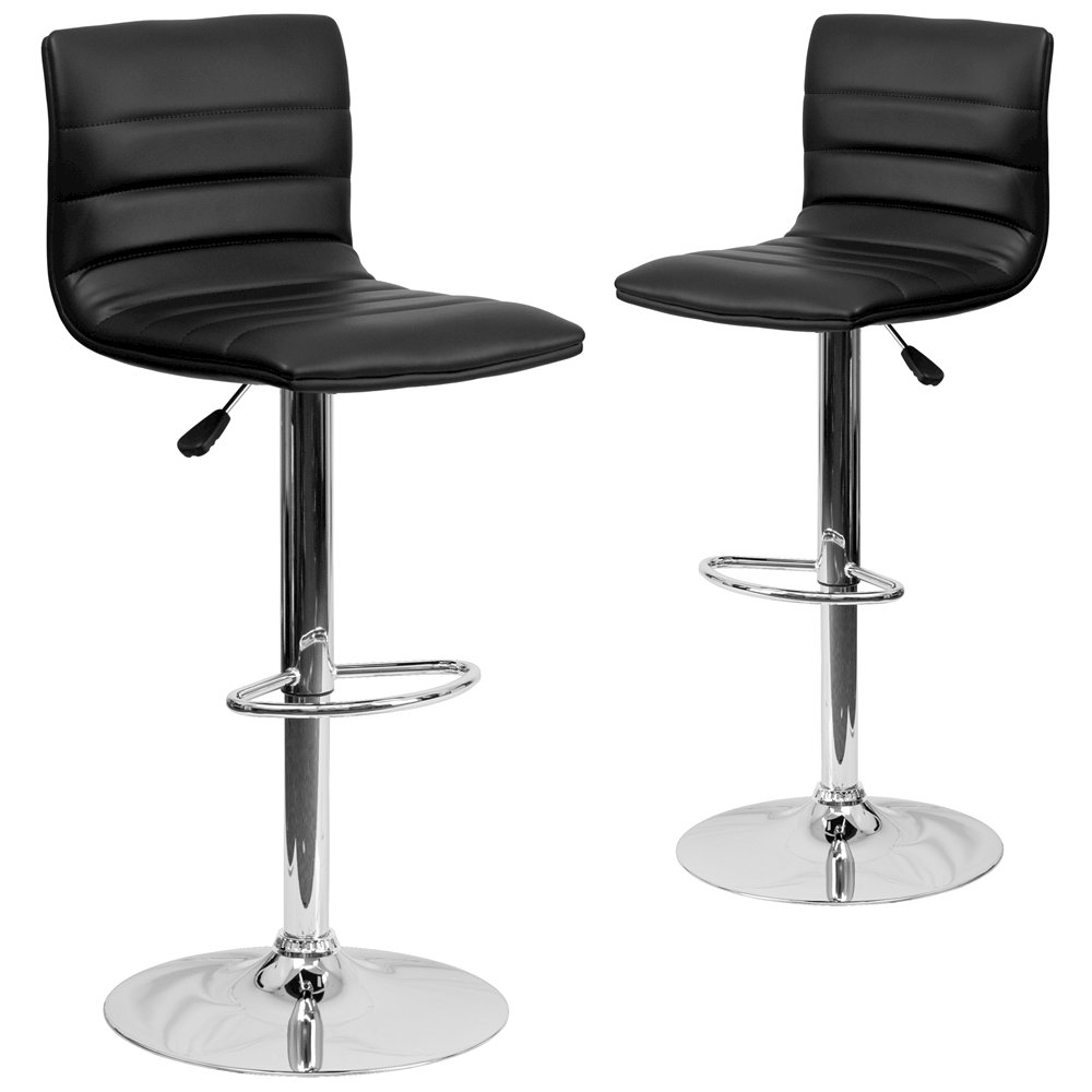 2 Pk. Contemporary Black Vinyl Adjustable Height Barstool with Chrome Base