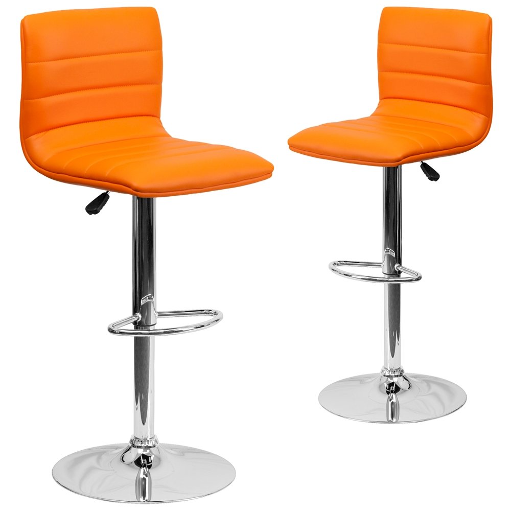 2 Pk. Contemporary Orange Vinyl Adjustable Height Barstool with Chrome Base
