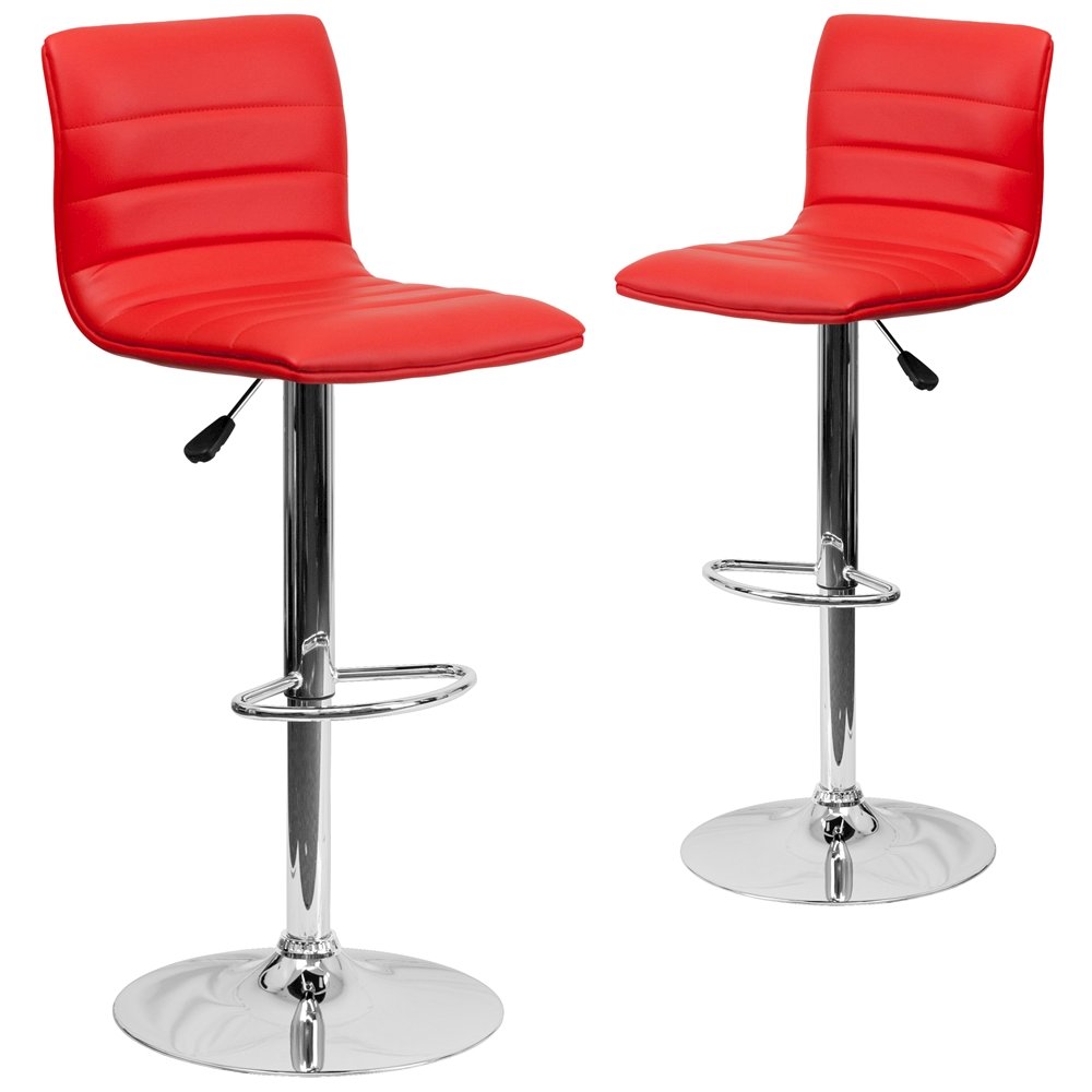 2 Pk. Contemporary Red Vinyl Adjustable Height Barstool with Chrome Base