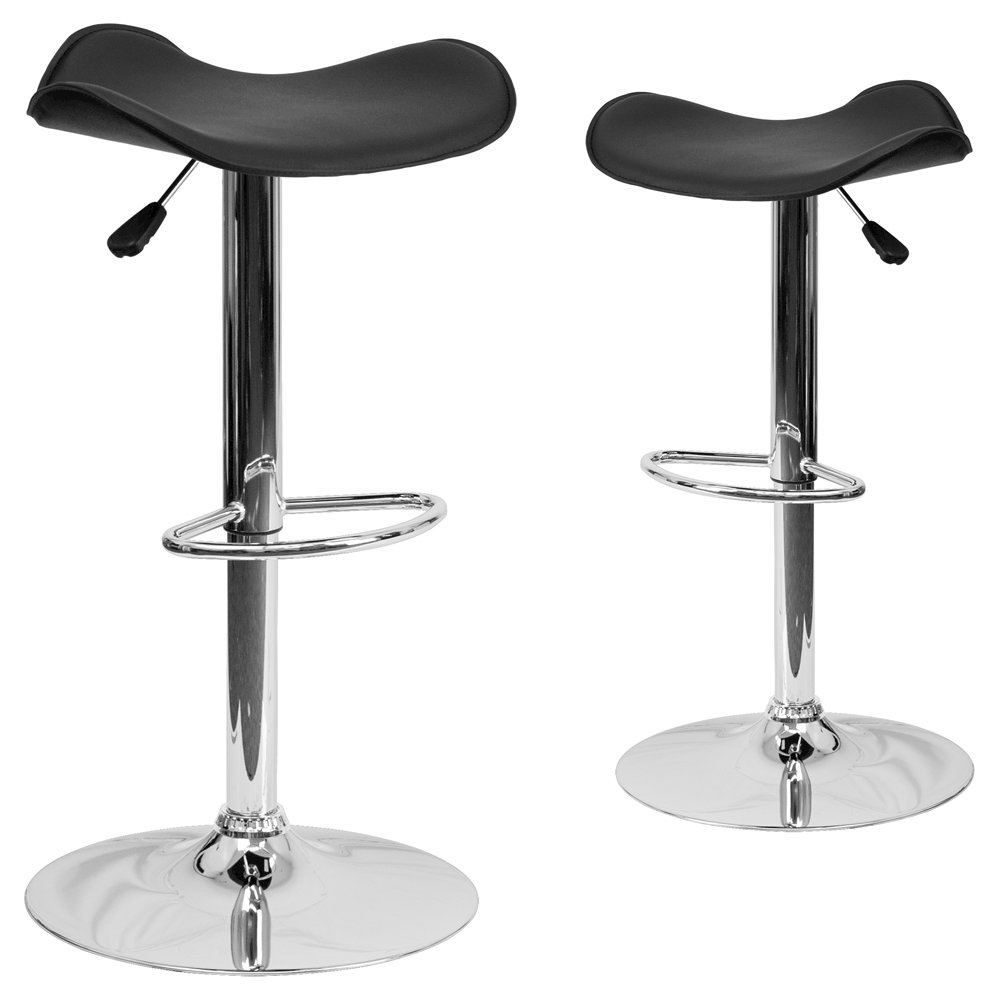 2 Pk. Contemporary Black Vinyl Adjustable Height Barstool with Chrome Base