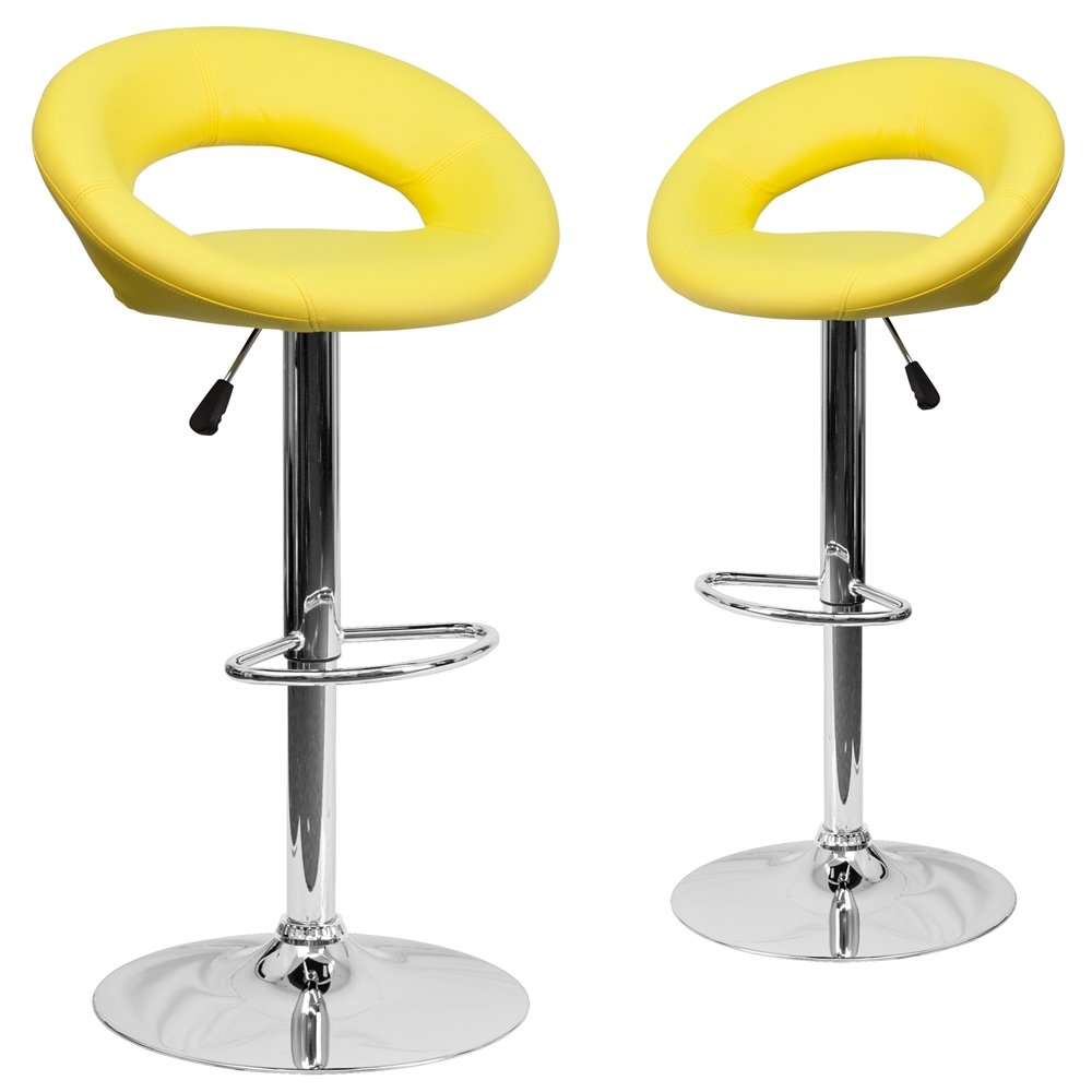 2 Pk. Yellow Vinyl Rounded Back Adjustable Height Barstool with Chrome Base