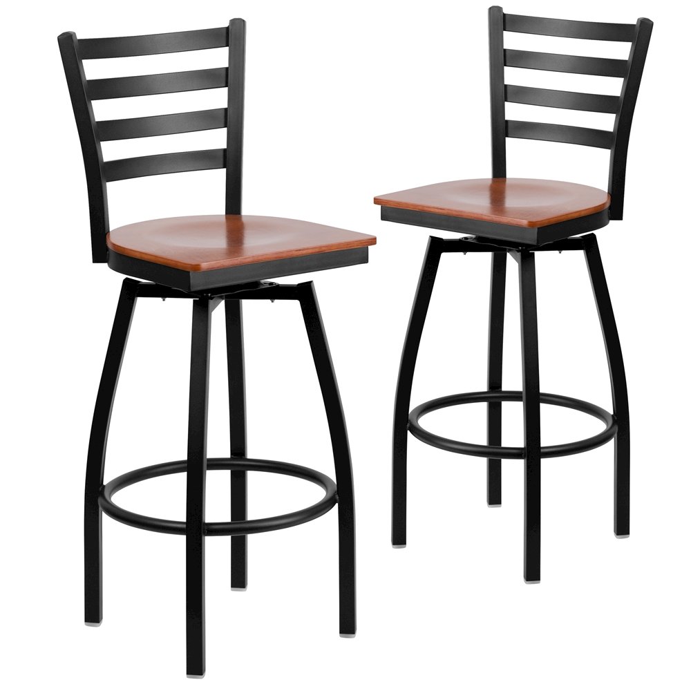2 Pk. HERCULES Series Black Ladder Back Swivel Metal Barstool – Cherry Wood Seat