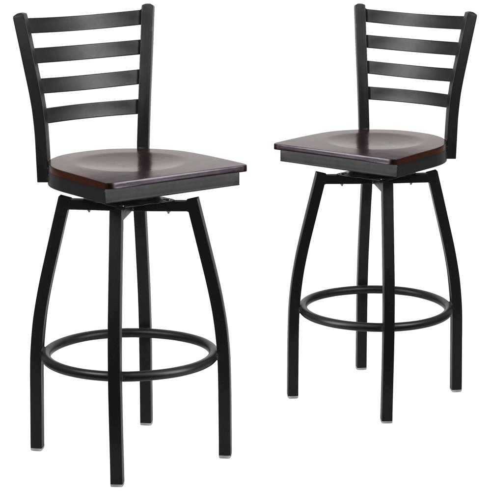 2 Pk. HERCULES Series Black Ladder Back Swivel Metal Barstool – Walnut Wood Seat
