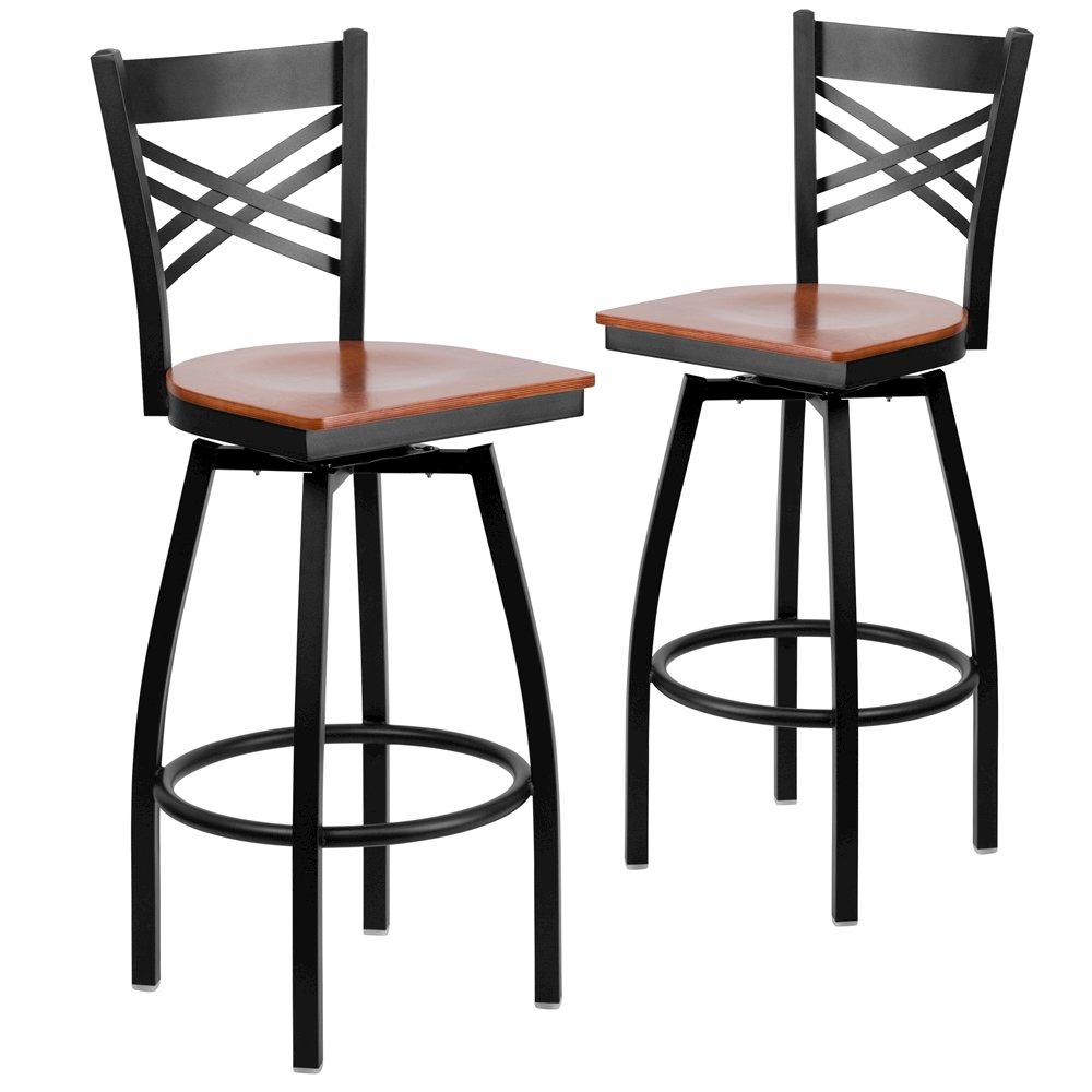 2 Pk. HERCULES Series Black ”X” Back Swivel Metal Barstool – Cherry Wood Seat
