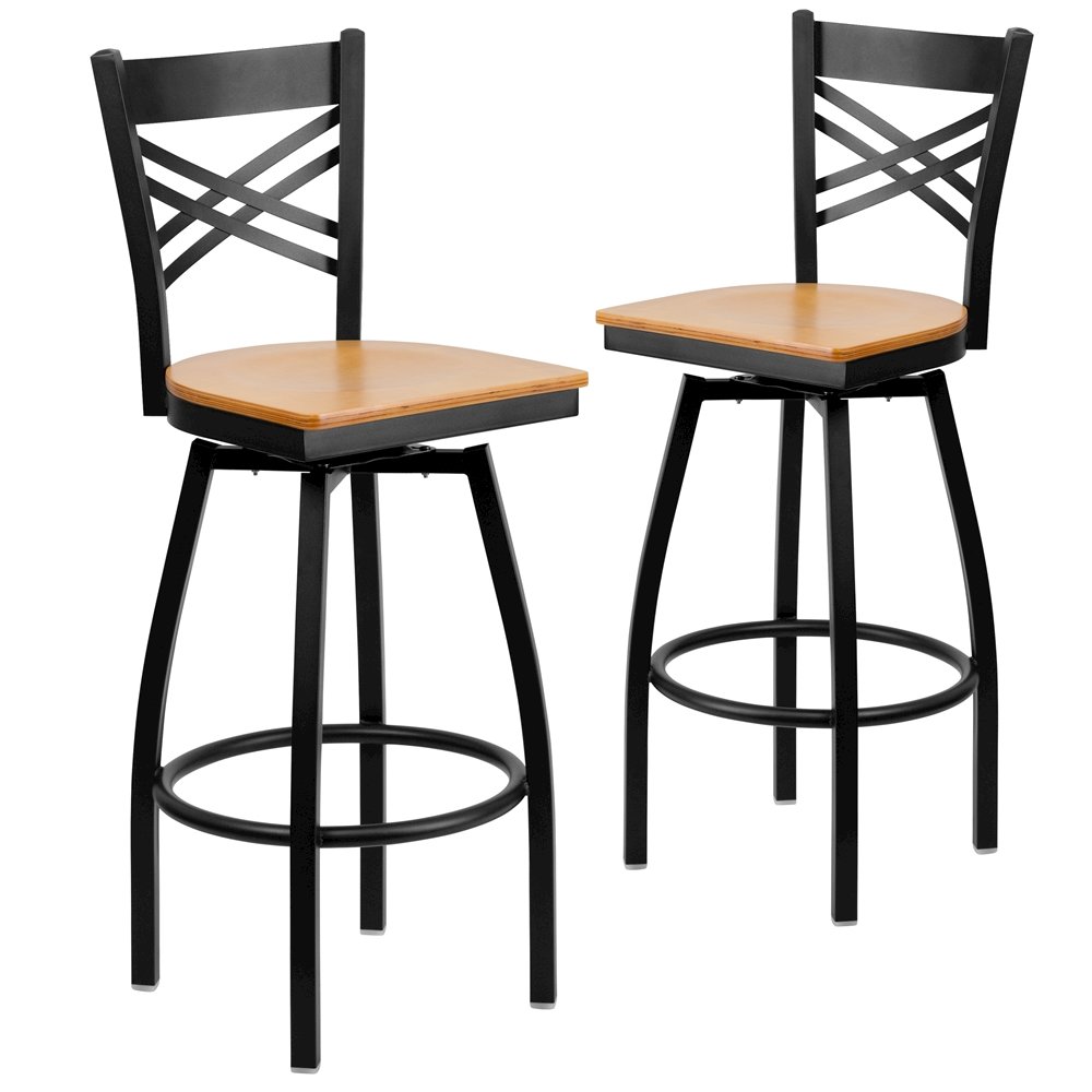 2 Pk. HERCULES Series Black ”X” Back Swivel Metal Barstool – Natural Wood Seat
