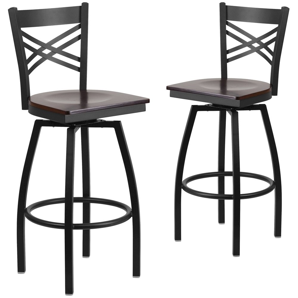 2 Pk. HERCULES Series Black ”X” Back Swivel Metal Barstool – Walnut Wood Seat