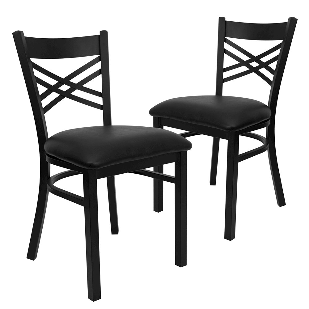2 Pk. HERCULES Series Black ”X” Back Metal Restaurant Chair – Black Vinyl Seat