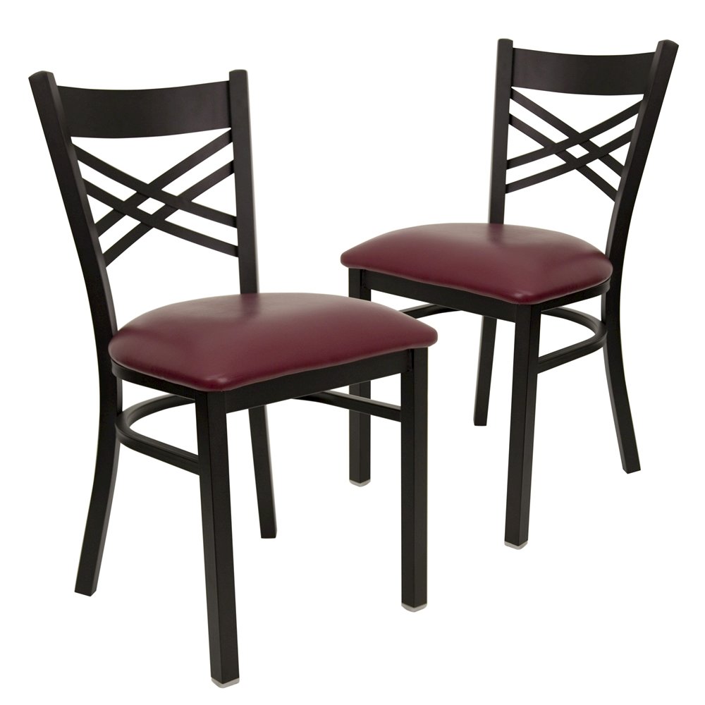2 Pk. Black ”X” Back Metal Restaurant Chair – Burgundy Vinyl Seat