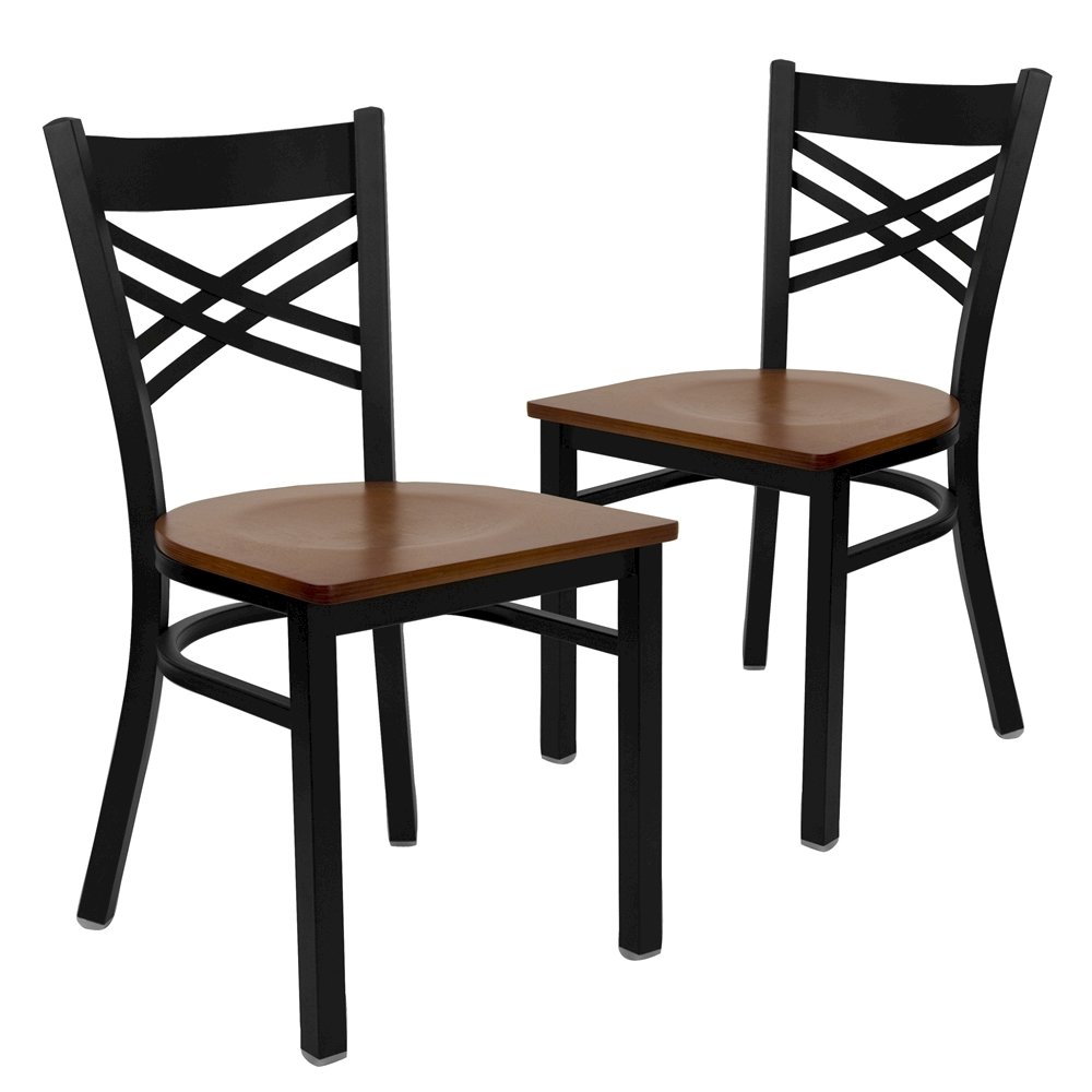 2 Pk. HERCULES Series Black ”X” Back Metal Restaurant Chair – Cherry Wood Seat