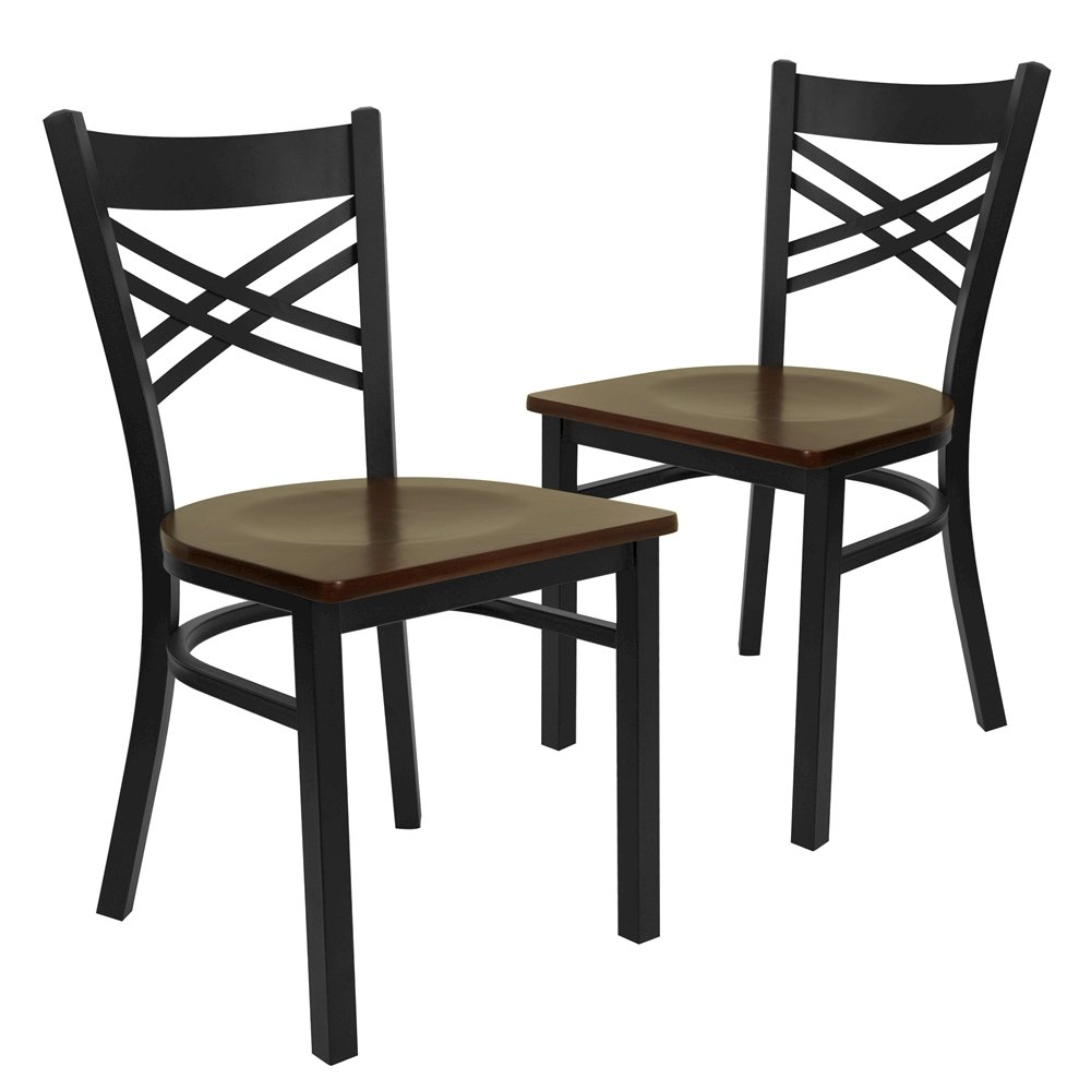 2 Pk. Black ”X” Back Metal Restaurant Chair – Mahogany Wood Seat