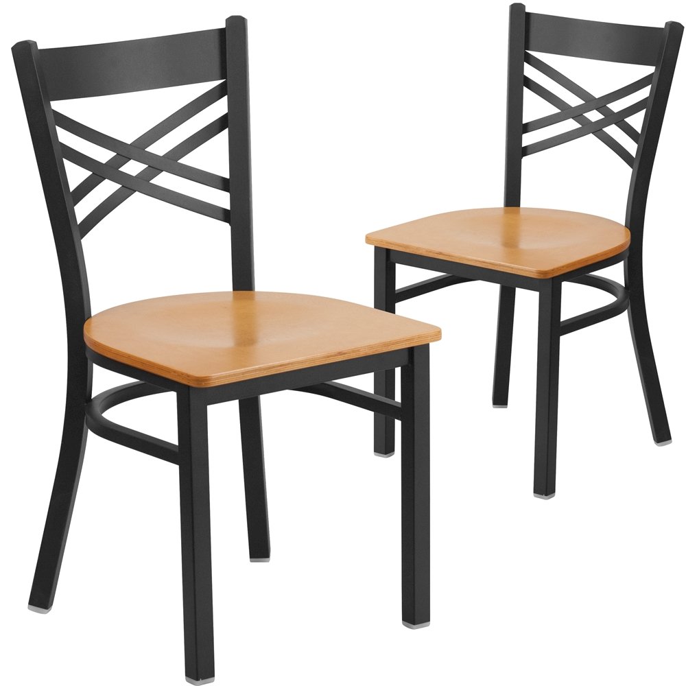 2 Pk. Black ”X” Back Metal Restaurant Chair – Natural Wood Seat