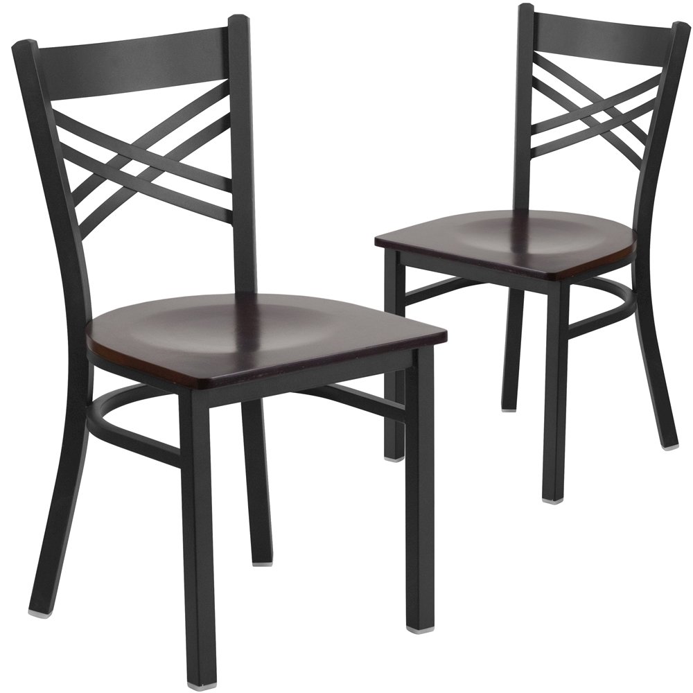 2 Pk. HERCULES Series Black ”X” Back Metal Restaurant Chair – Walnut Wood Seat