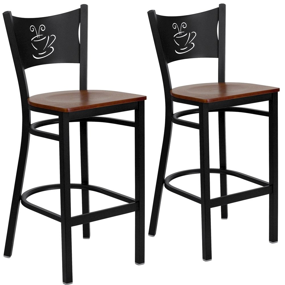 2 Pk. Black Coffee Back Metal Restaurant Barstool – Cherry Wood Seat