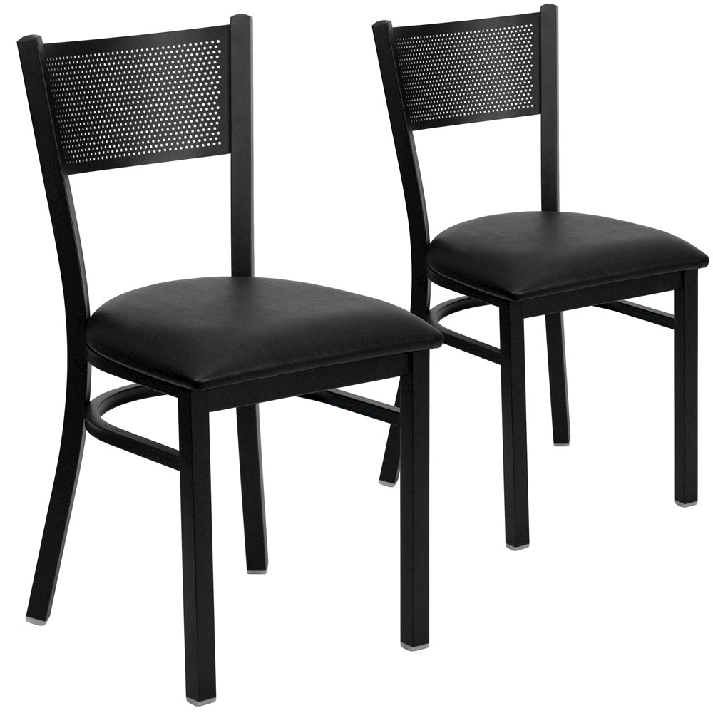 2 Pk. HERCULES Series Black Grid Back Metal Restaurant Chair – Black Vinyl Seat