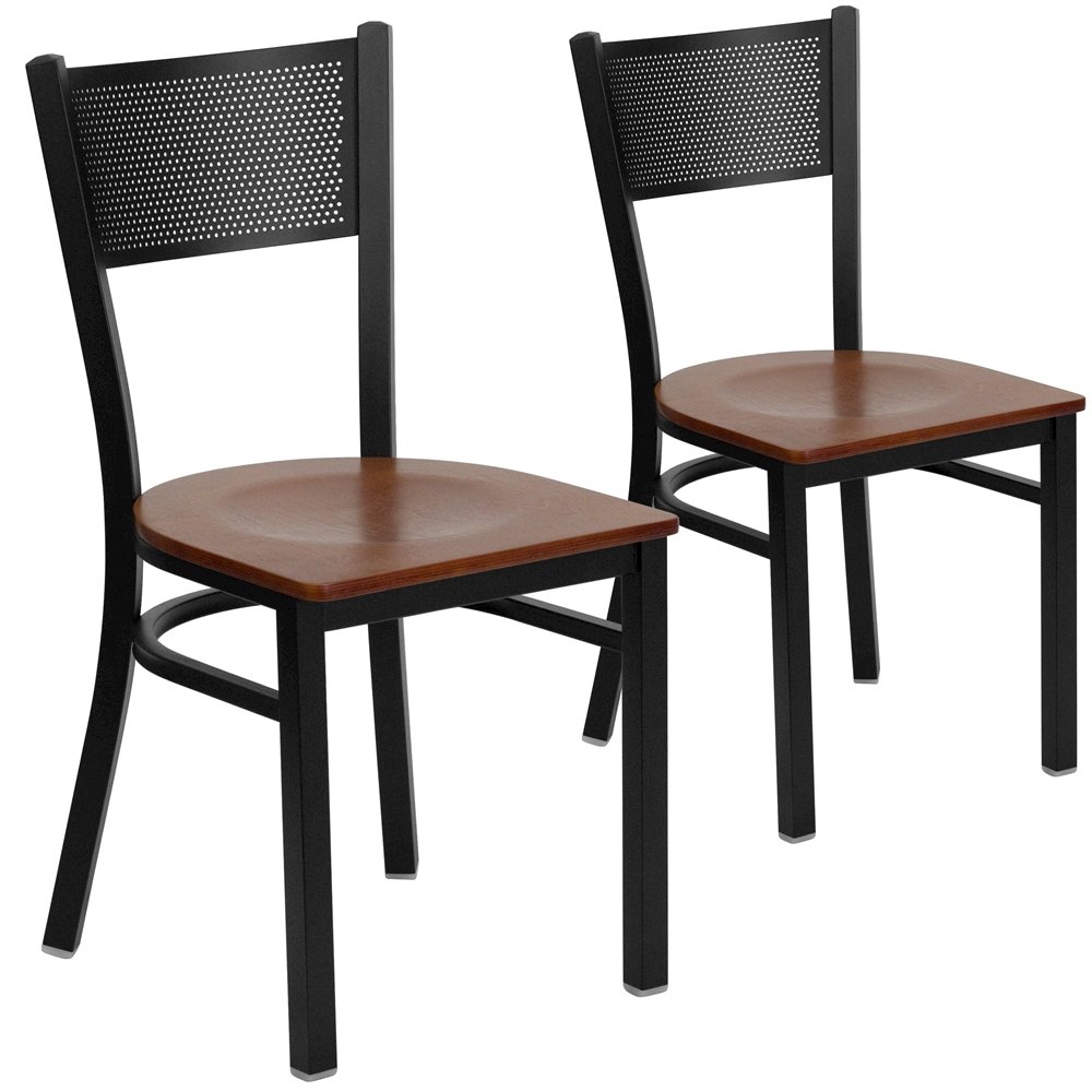2 Pk. HERCULES Series Black Grid Back Metal Restaurant Chair – Cherry Wood Seat