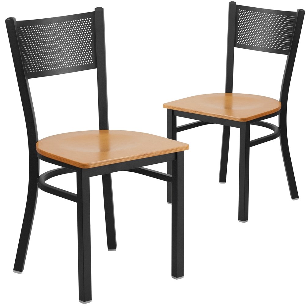 2 Pk. HERCULES Series Black Grid Back Metal Restaurant Chair – Natural Wood Seat