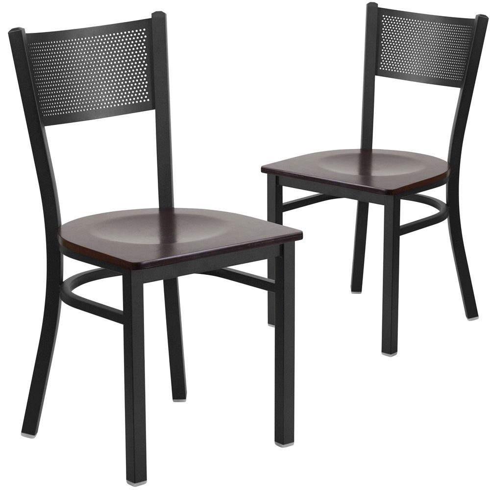 2 Pk. HERCULES Series Black Grid Back Metal Restaurant Chair – Walnut Wood Seat