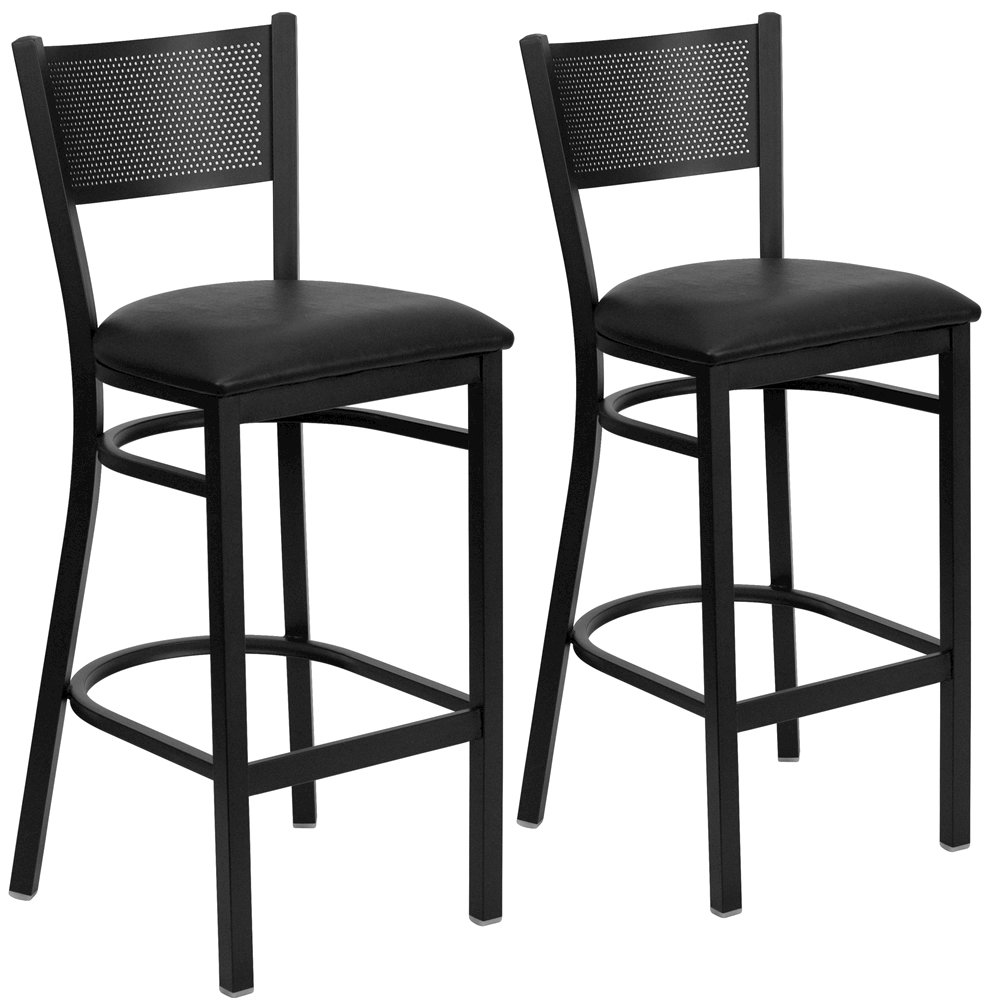 2 Pk. Black Grid Back Metal Restaurant Barstool – Black Vinyl Seat