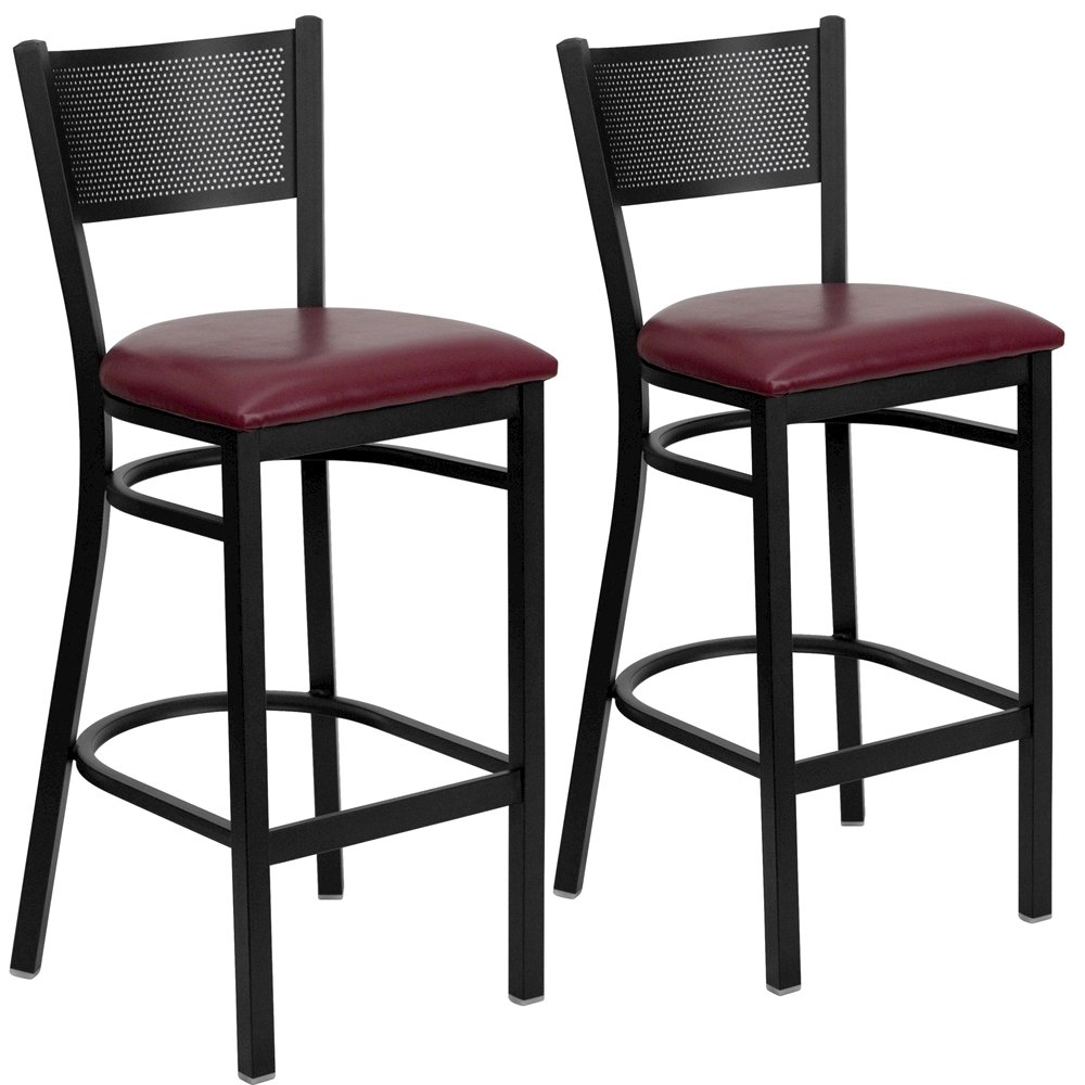 2 Pk. Black Grid Back Metal Restaurant Barstool – Burgundy Vinyl Seat