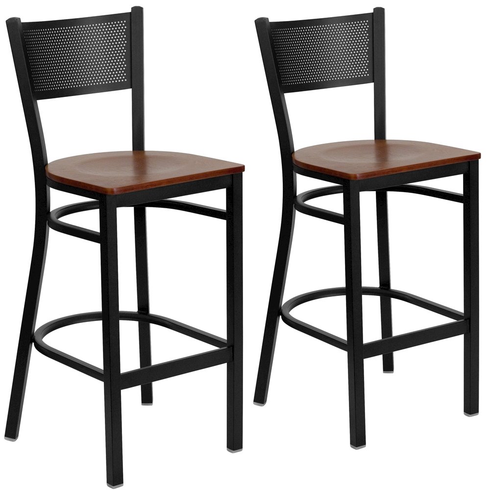 2 Pk. Black Grid Back Metal Restaurant Barstool – Cherry Wood Seat