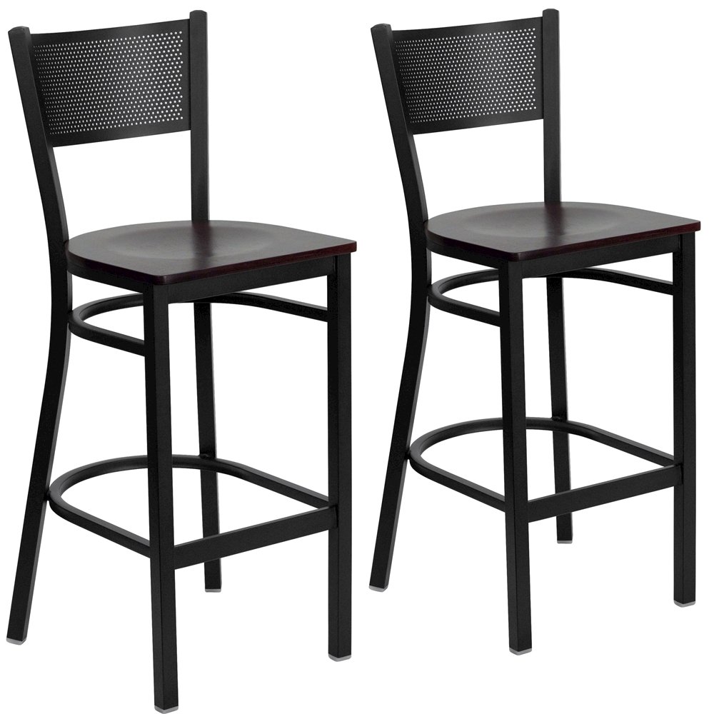 2 Pk. Black Grid Back Metal Restaurant Barstool – Mahogany Wood Seat