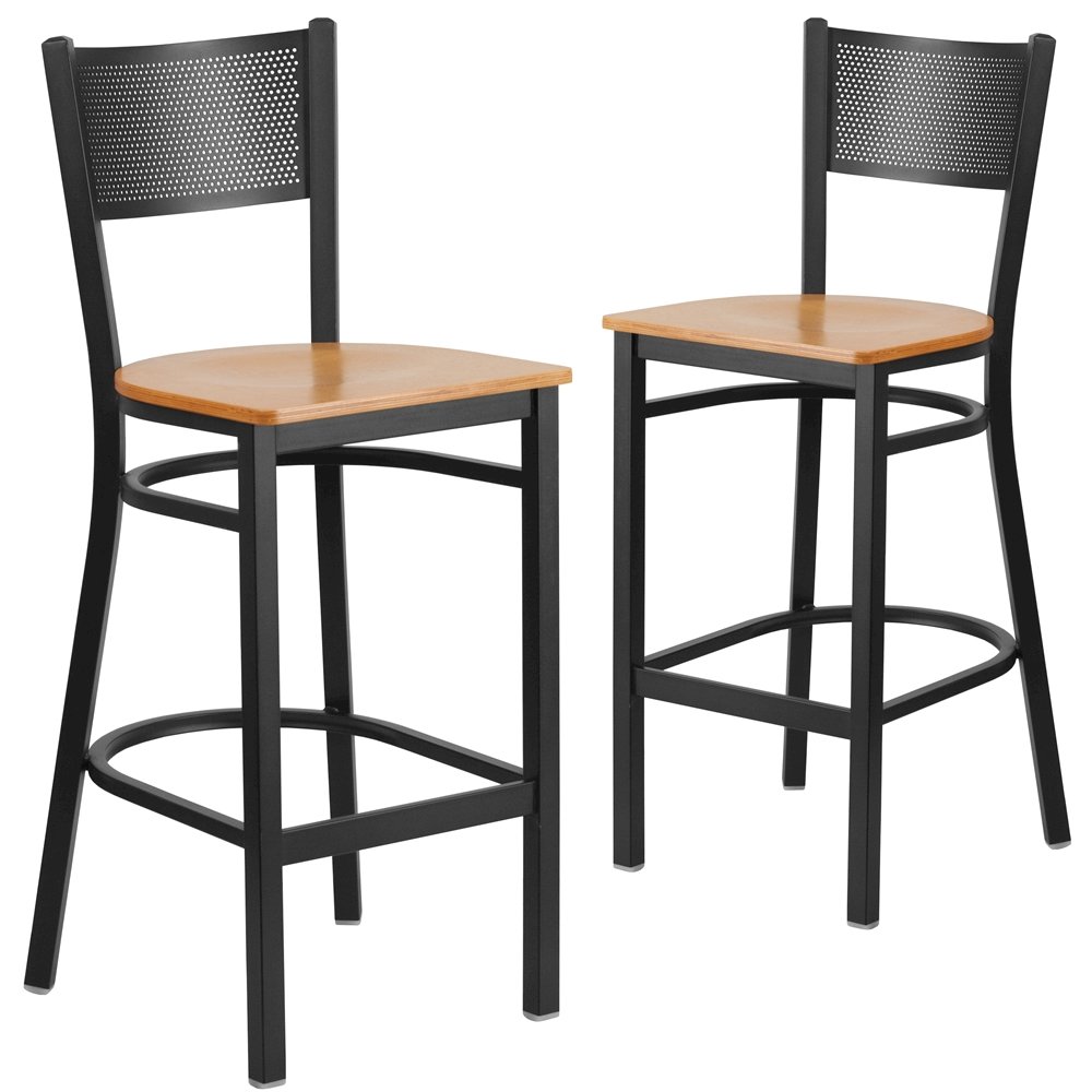 2 Pk. Black Grid Back Metal Restaurant Barstool – Natural Wood Seat