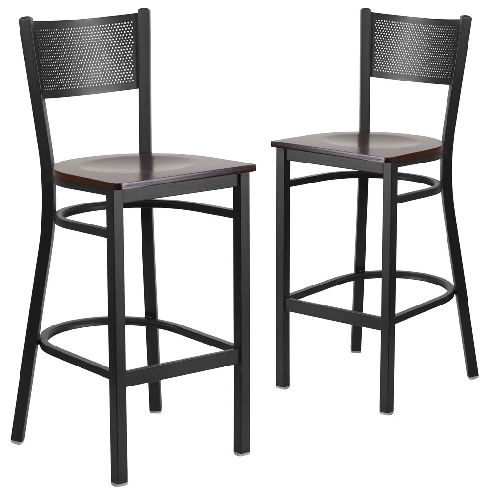 2 Pk. Black Grid Back Metal Restaurant Barstool – Walnut Wood Seat