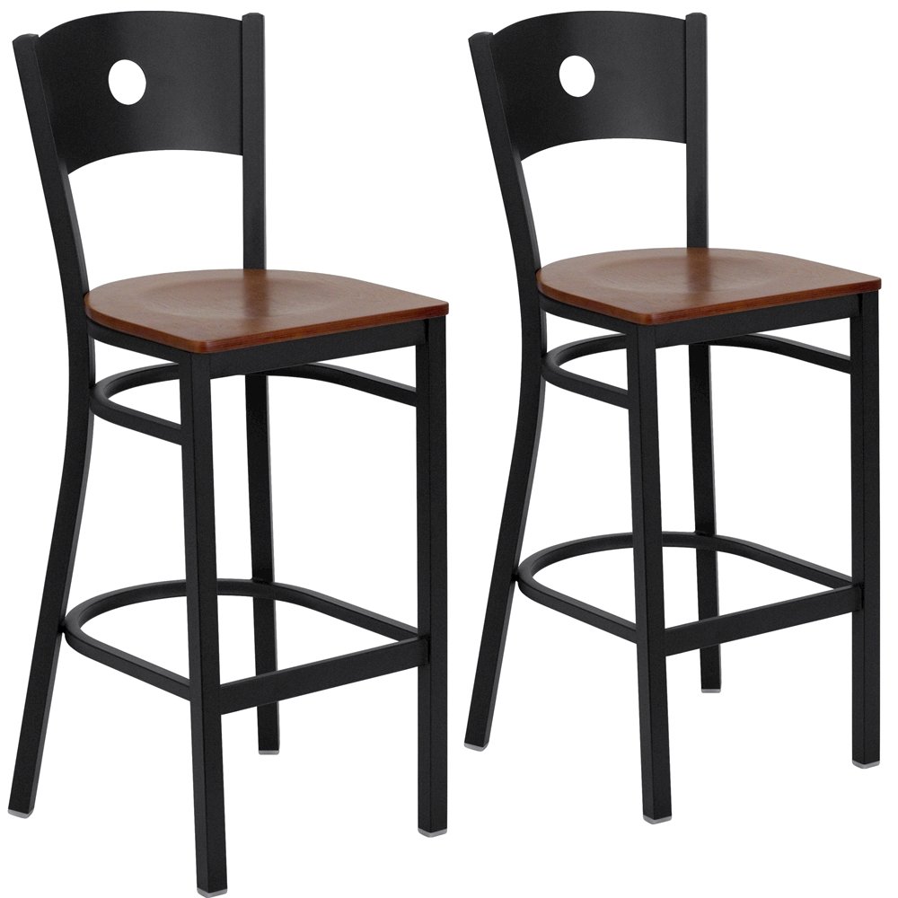 2 Pk. Black Circle Back Metal Restaurant Barstool – Mahogany Wood Seat