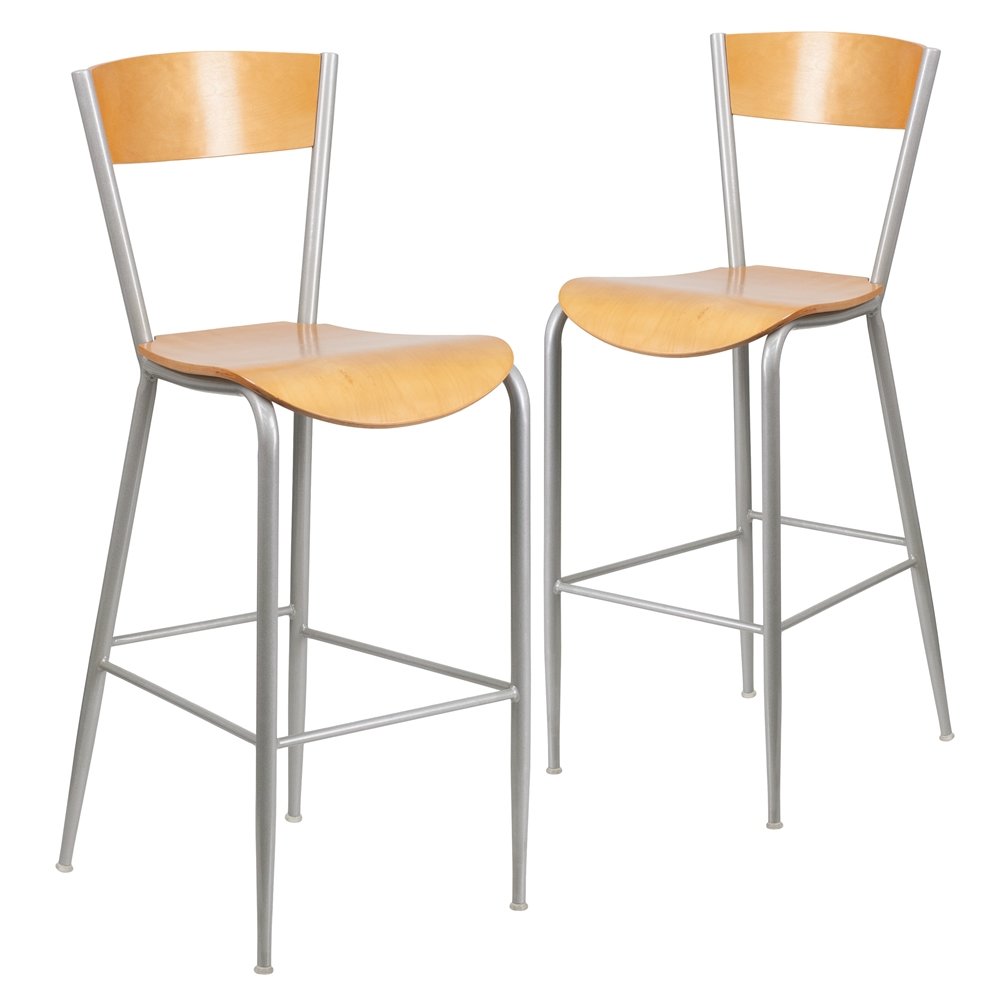 2 Pk. Invincible Series Metal Restaurant Barstool – Natural Wood Back & Seat