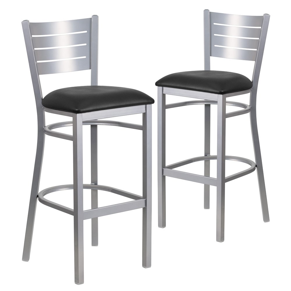 2 Pk. Silver Slat Back Metal Restaurant Barstool – Black Vinyl Seat
