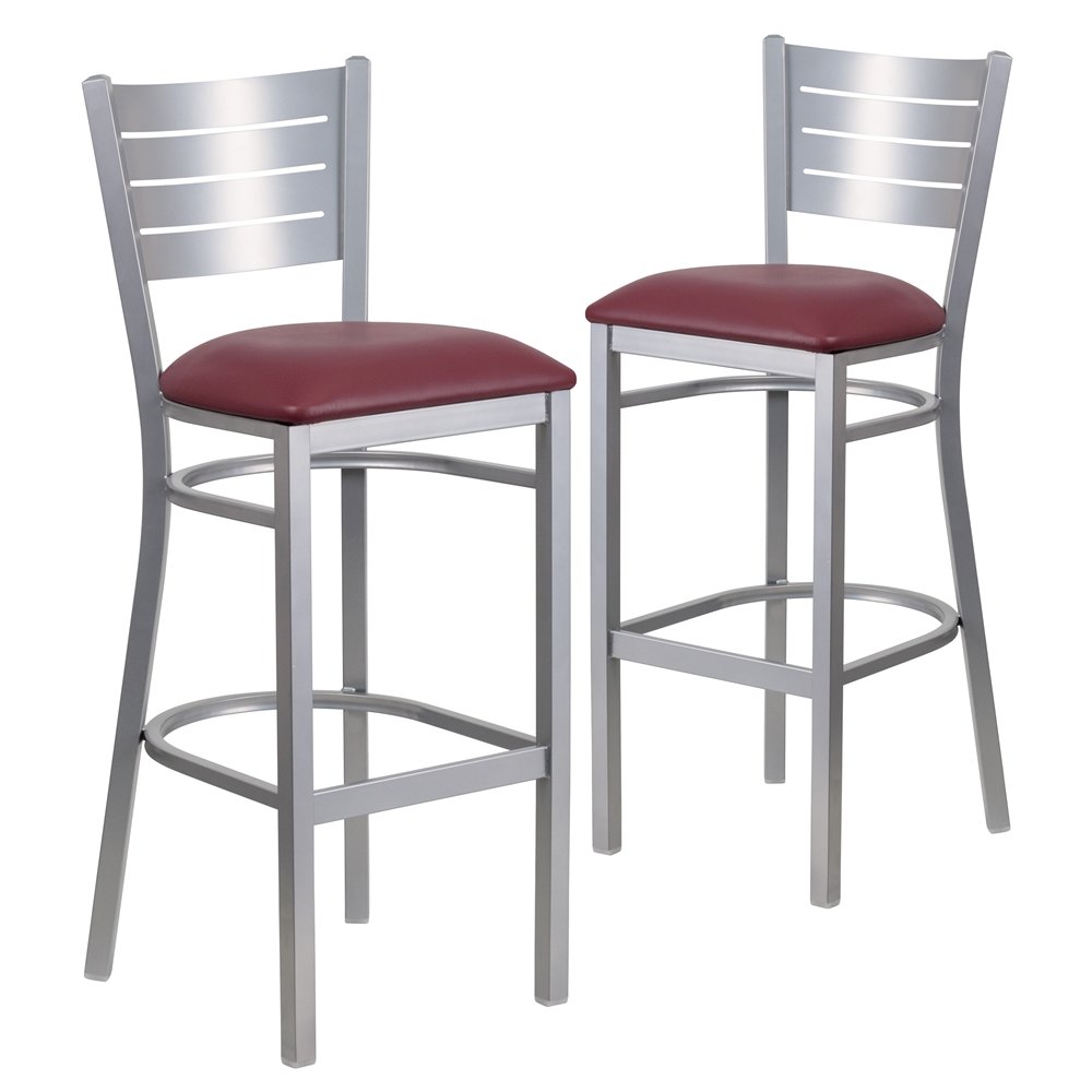 2 Pk. Silver Slat Back Metal Restaurant Barstool – Burgundy Vinyl Seat