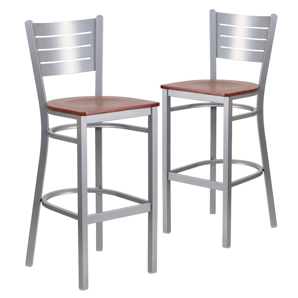 2 Pk. Silver Slat Back Metal Restaurant Barstool – Cherry Wood Seat