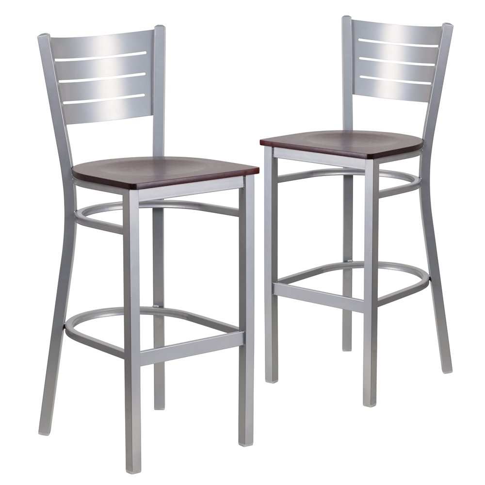 2 Pk. Silver Slat Back Metal Restaurant Barstool – Mahogany Wood Seat