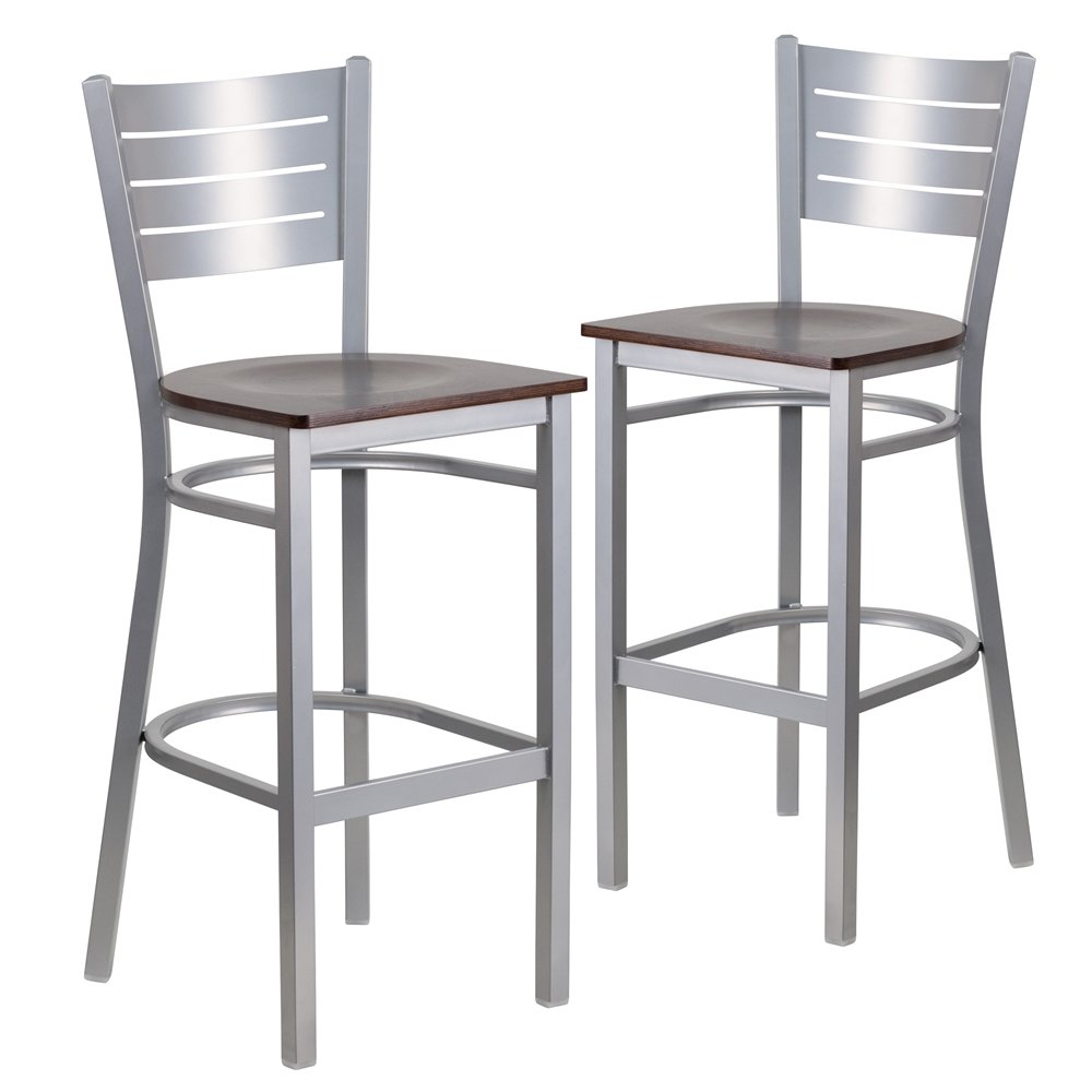 2 Pk. Silver Slat Back Metal Restaurant Barstool – Walnut Wood Seat