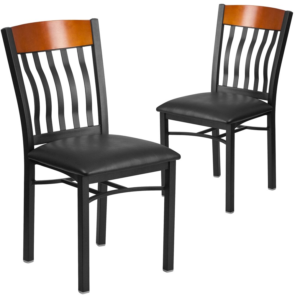 2 Pk. Vertical Back Black Metal and Cherry Wood Chair with Black Vinyl Seat