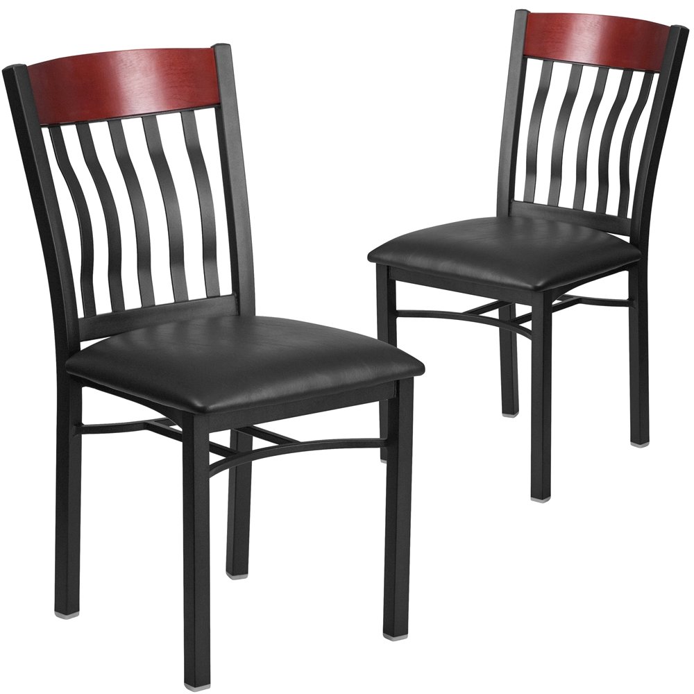 2 Pk. Vertical Back Black Metal and Mahogany Wood Chair with Black Vinyl Seat