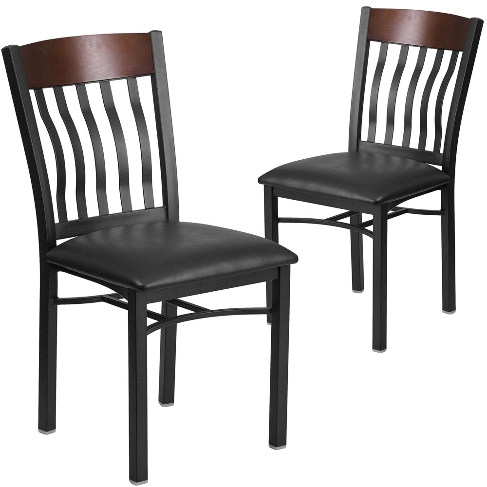 2 Pk. Vertical Back Black Metal and Walnut Wood Chair with Black Vinyl Seat