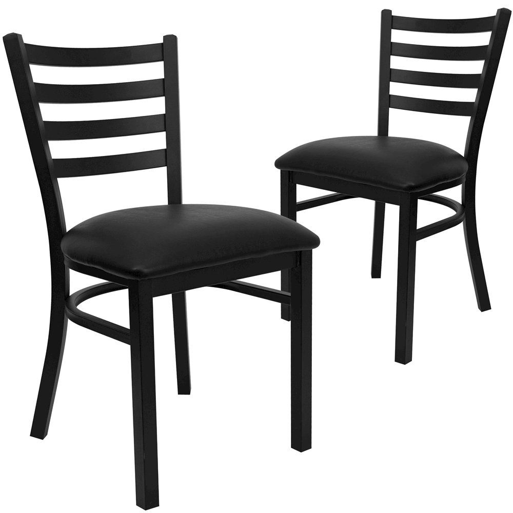 2 Pk. Black Ladder Back Metal Restaurant Chair – Black Vinyl Seat