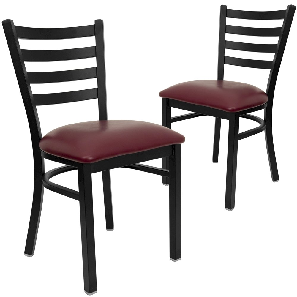2 Pk. Black Ladder Back Metal Restaurant Chair – Burgundy Vinyl Seat