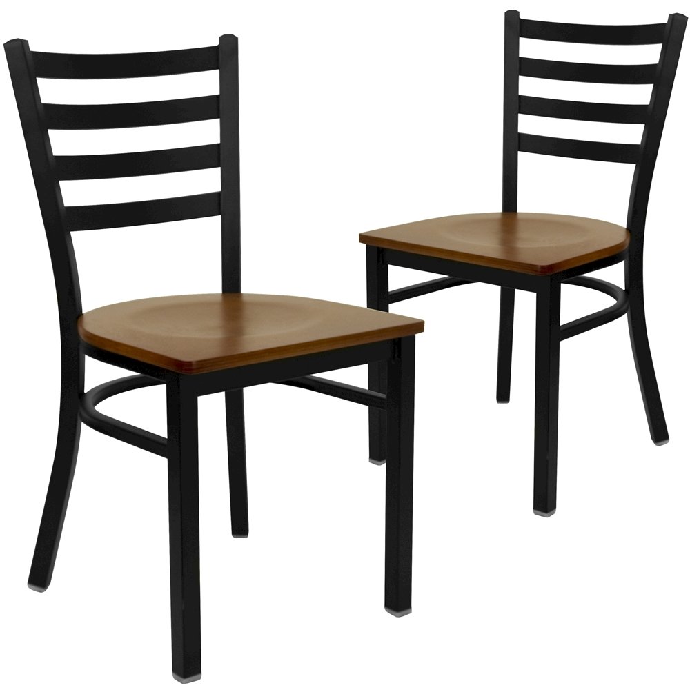 2 Pk. Black Ladder Back Metal Restaurant Chair – Cherry Wood Seat