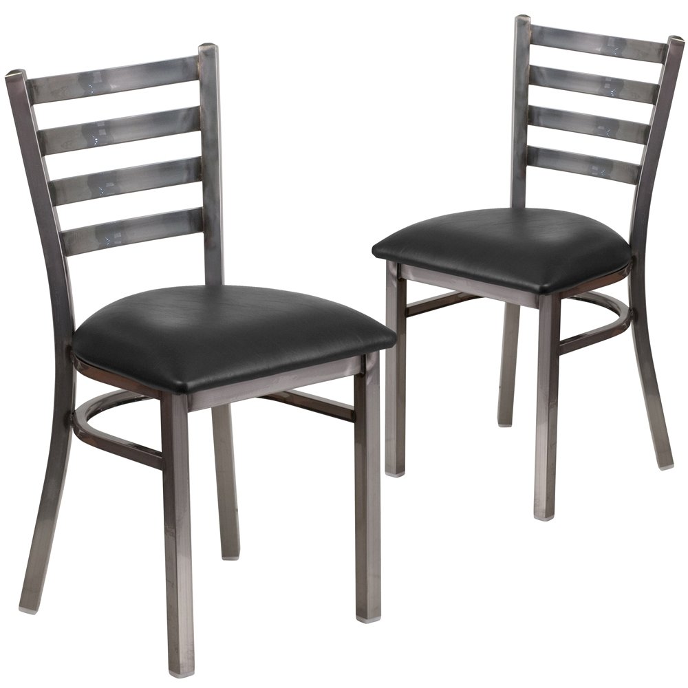2 Pk. Clear Coated Ladder Back Metal Restaurant Chair – Black Vinyl Seat