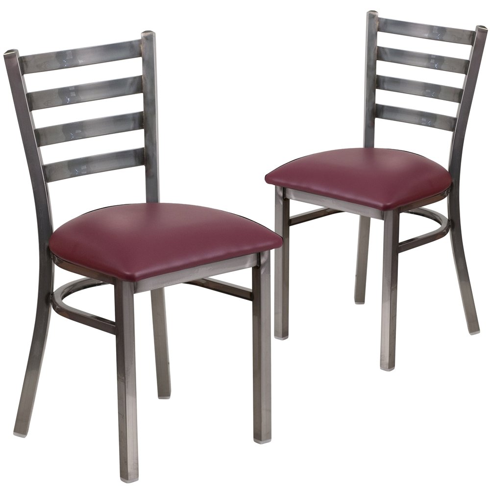 2 Pk. Clear Coated Ladder Back Metal Restaurant Chair – Burgundy Vinyl Seat