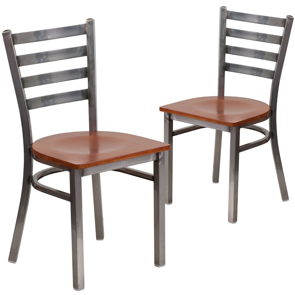 2 Pk. Clear Coated Ladder Back Metal Restaurant Chair – Cherry Wood Seat