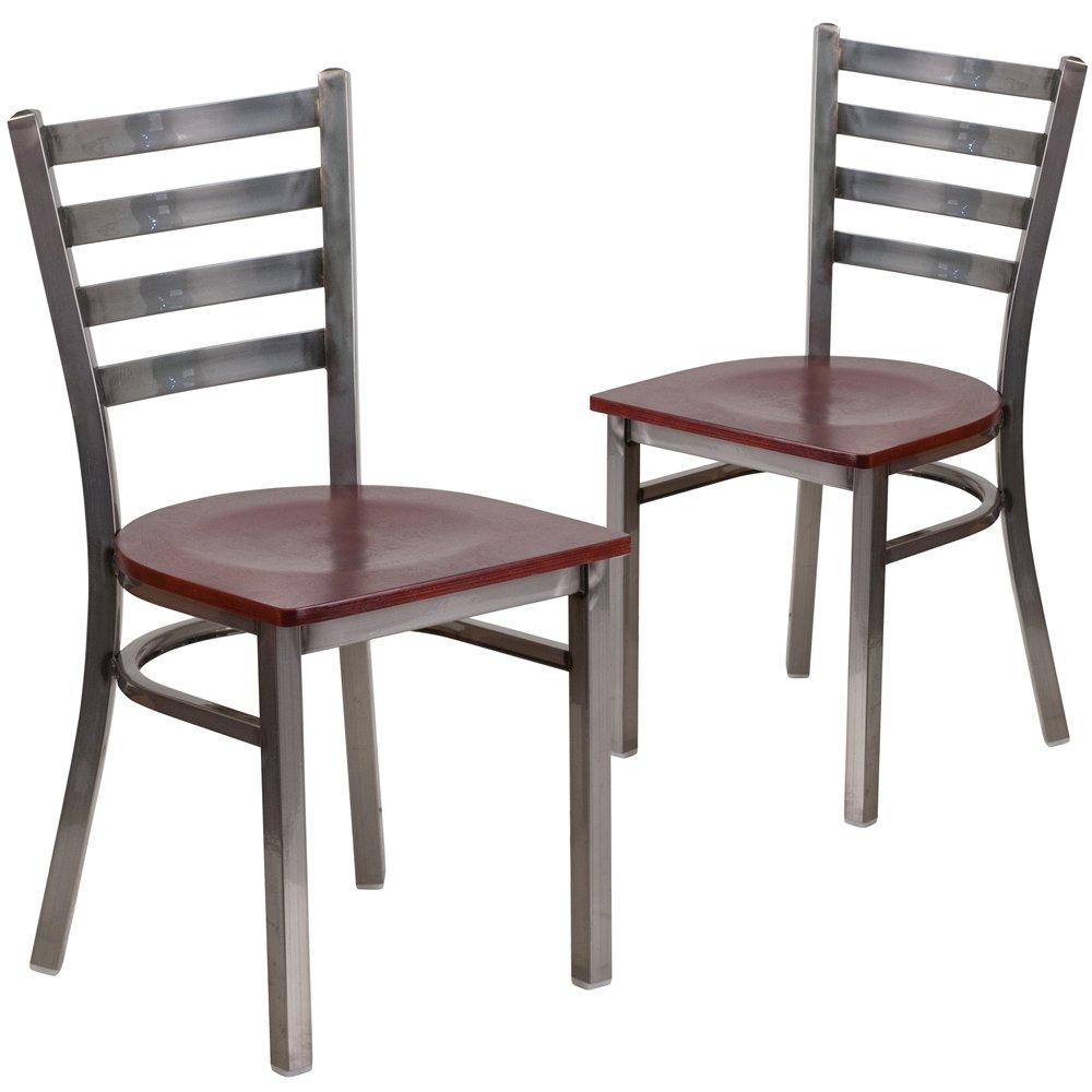 2 Pk. Clear Coated Ladder Back Metal Restaurant Chair – Mahogany Wood Seat
