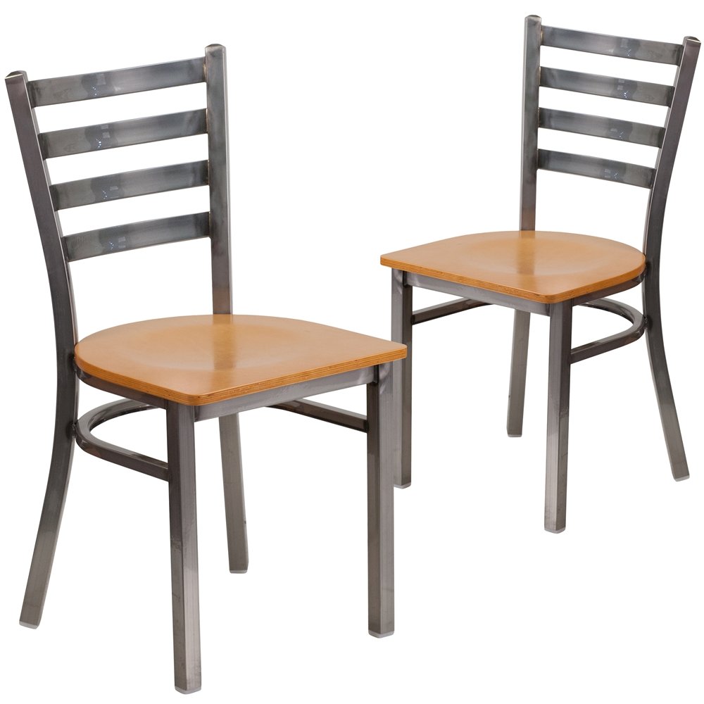 2 Pk. Clear Coated Ladder Back Metal Restaurant Chair – Natural Wood Seat