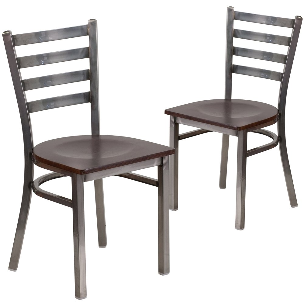 2 Pk. Clear Coated Ladder Back Metal Restaurant Chair – Walnut Wood Seat