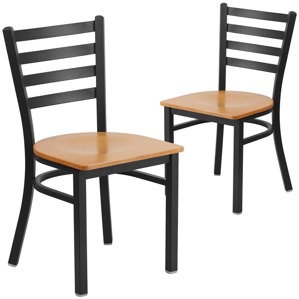 2 Pk. Black Ladder Back Metal Restaurant Chair – Natural Wood Seat