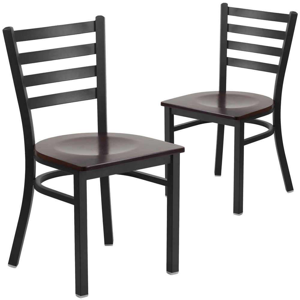 2 Pk. Black Ladder Back Metal Restaurant Chair – Walnut Wood Seat